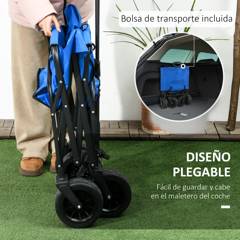 Outsunny Carro Plegable con Bolsa Térmica Desmontable Longitud y Ángulo del Mango Ajustables y Bolsa de Transporte Azul