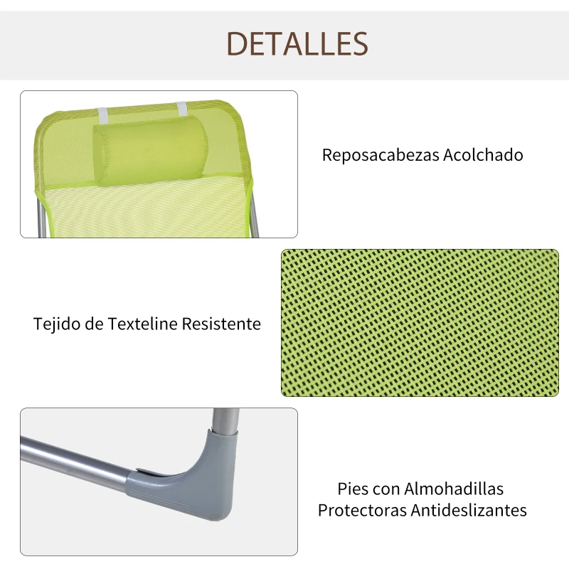 Outsunny Tumbona Plegable y Reclinable de Jardín con Reposacabezas y Respaldo Ajustable en 5 Niveles Tela de Texteline Transpirable 182x56x28 cm Verde