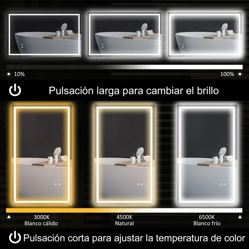 HOMCOM Espejo de Baño LED 100x60 cm con Luz Retroiluminado Antivaho Brillo Ajustable Montaje Vertical u Horizontal