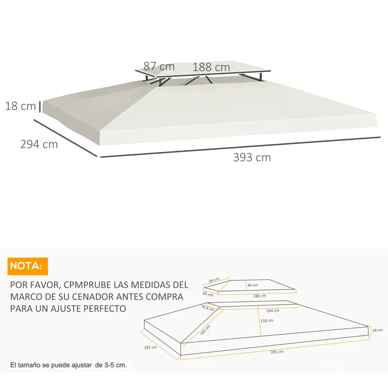 Outsunny Techo de Repuesto 4x3 m para Cenador de Jardín Cubierta de Reemplazo para Pabellón de 2 Niveles Transpirable con 8 Orificios de Drenaje para Patio Exterior Beige