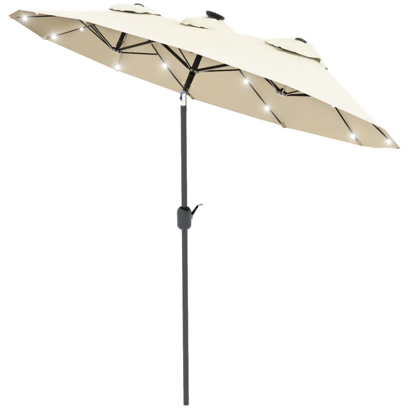 Outsunny Sombrilla Doble con Luces LED 280x146x227 cm Inclinación de 45° Manivela para Terraza Balcón Piscina Color Beige