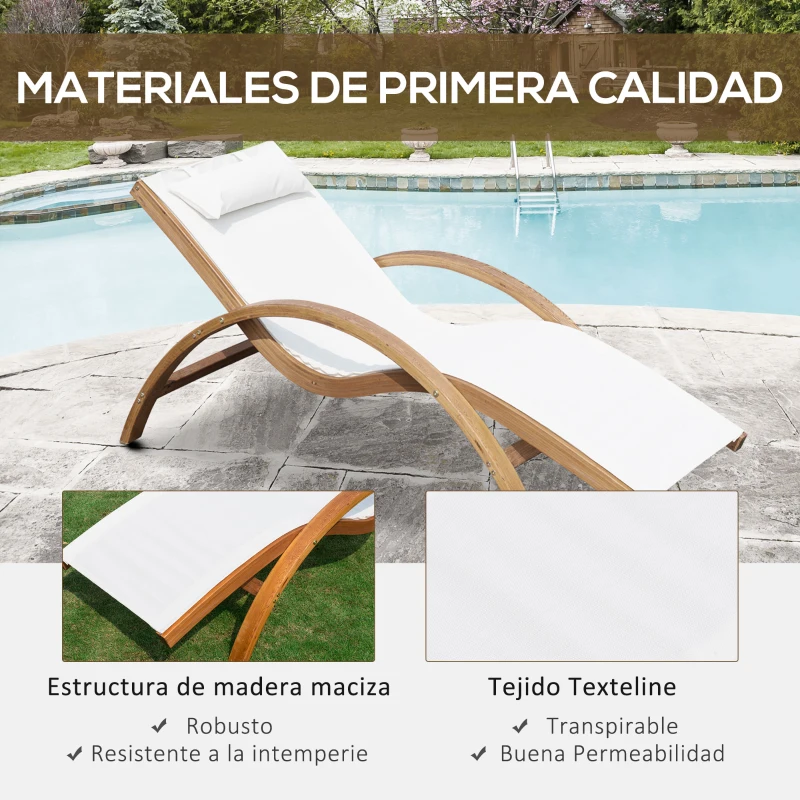 Outsunny Tumbona tipo Hamaca para Jardín Terraza Piscina o Patio Tumbona de Madera y Textilene 161x72x68cm Crema