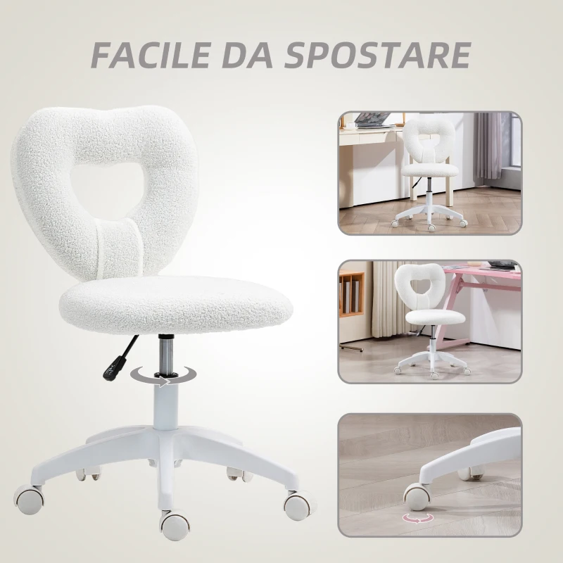 HOMCOM Sedia da Ufficio Imbottita con Schienale a Cuore e Rotelle, in Velluto Teddy e Plastica, 45x56x78-88 cm, Bianco