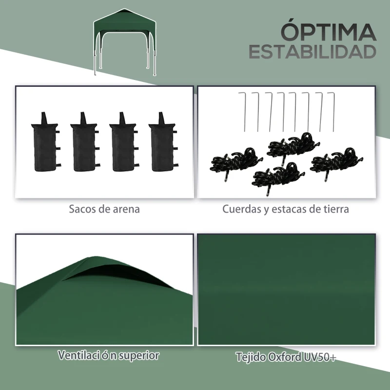 Outsunny Carpa de Jardín 2,5x2,5x2,68 m Protección UV 50+ Ajustable en Altura con 4 Bolsas de Arena y Bolsa de Transporte Verde