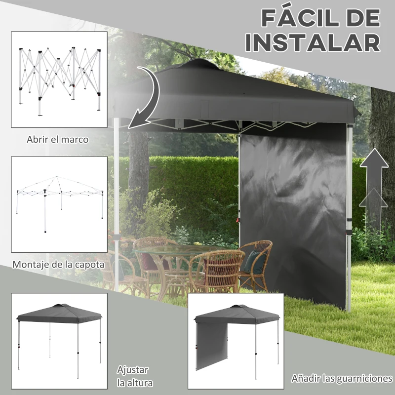 Outsunny Carpa Plegable de Jardín de 2,5x2,5 m con Altura Ajustable Anti-UV con 1 Pared Lateral y Bolsas de Arena Gris Oscuro