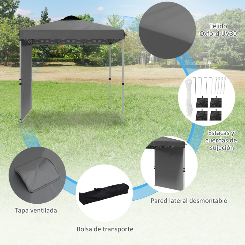 Outsunny Carpa Plegable de Jardín de 2,5x2,5 m con Altura Ajustable Anti-UV con 1 Pared Lateral y Bolsas de Arena Gris Oscuro