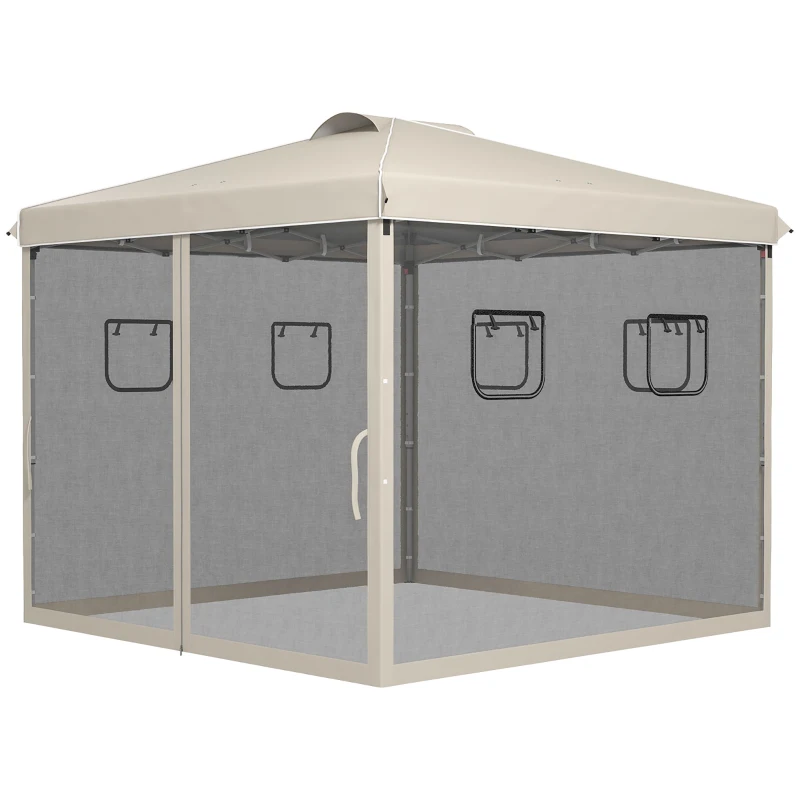 Outsunny Cenador de Jardín 3x3 m con Pared Lateral de Malla 6 Ventanas Altura Ajustable en 3 Niveles Protección Rayos UV30+ Beige