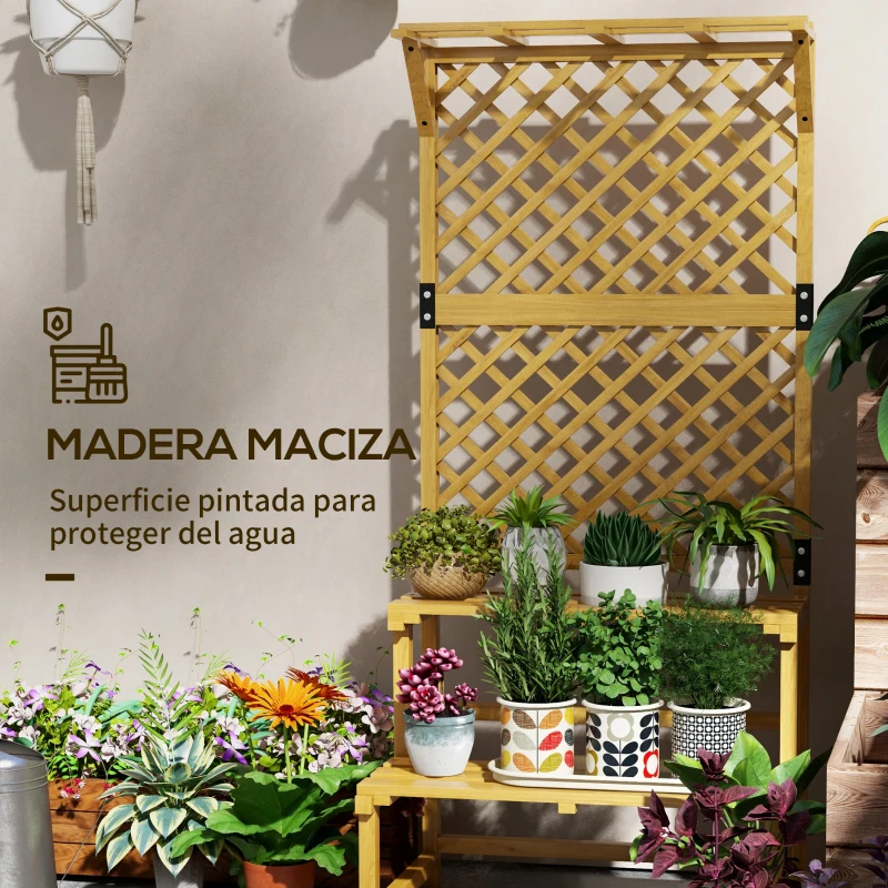 Outsunny Soporte para Plantas de 2 Niveles con Celosía Enrejado con 2 Estantes de Madera para Jardín Terraza 75x50x166 cm Natural
