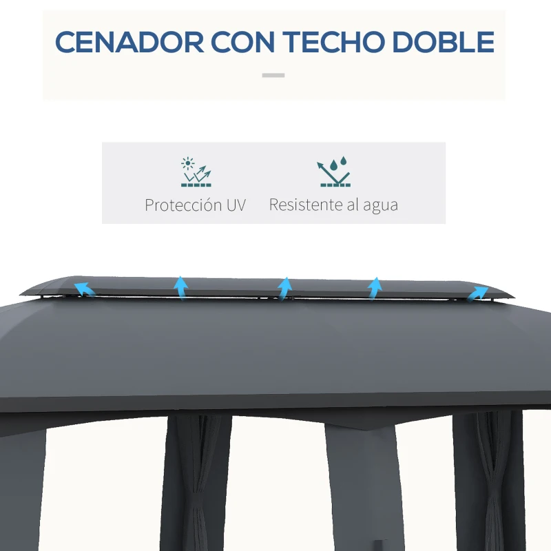 Outsunny Cenador de Jardín Gazebo Exterior con Doble Techo y Mosquiteras para Fiestas Eventos 3x6 m Gris Oscuro