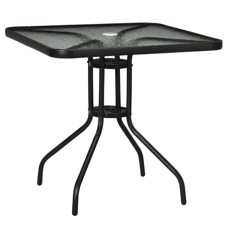 Outsunny Mesa de Jardín Cuadrada 76x76x72 cm con Agujero para Sombrilla y Encimera de Vidrio Templado para Patio Terraza Negro