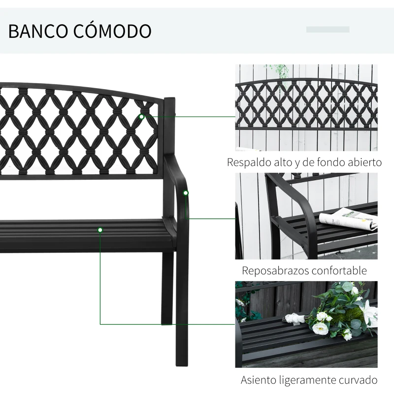 Outsunny Banco de Jardín de 2 Plazas con Respaldo Decorativo y Reposabrazos para Terraza Balcón Patio Exterior Carga 240 kg Hierro Fundido y Acero 128x58,5x89 cm Negro