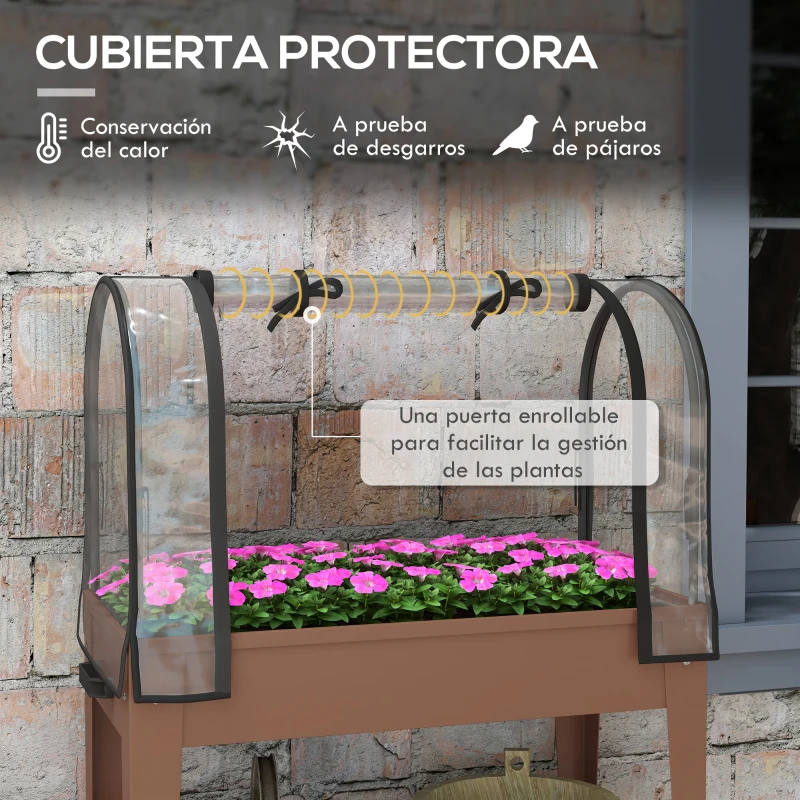 Outsunny Huerto Urbano Elevado 80x40x120 cm con Cubierta de Invernadero y Estante Inferior para Cultivo Plantas Flores Marrón