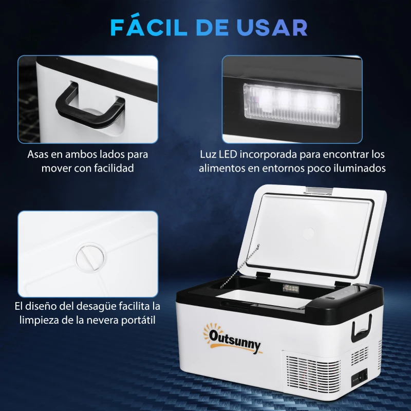 Outsunny Nevera Portátil Eléctrica 18L 12/24V hasta -20℃ Nevera y Congelador de Compresor para Coche con Luz LED y Asas Plegables Bajo Consumo Energético para Hogar Camping 58,5x33,5x29,2 cm Blanco