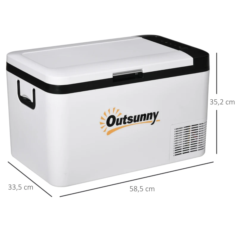 Outsunny Nevera Portátil Eléctrica 25L 12/24V hasta -20℃ Nevera y Congelador de Compresor para Coche con Luz LED y Asas Plegables Bajo Consumo Energético para Hogar Camping 58,5x33,5x35,2 cm Blanco