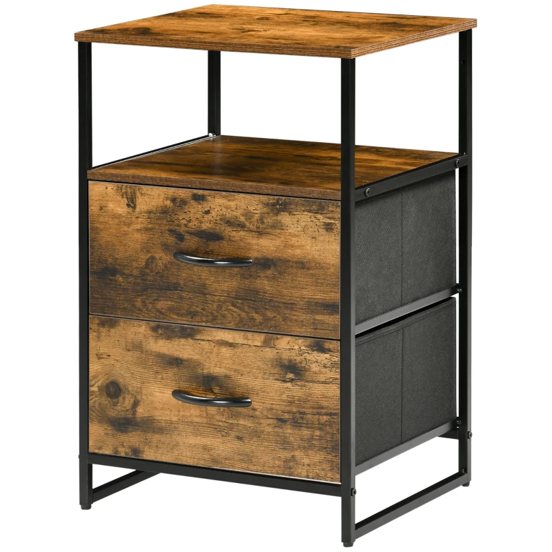 HOMCOM Mesa Auxiliar com 2 Gavetas Dobráveis Prateleira Aberta e Estrutura de Aço Mesa de Cabeceira 45x40x70,5 cm Castanho Rústico