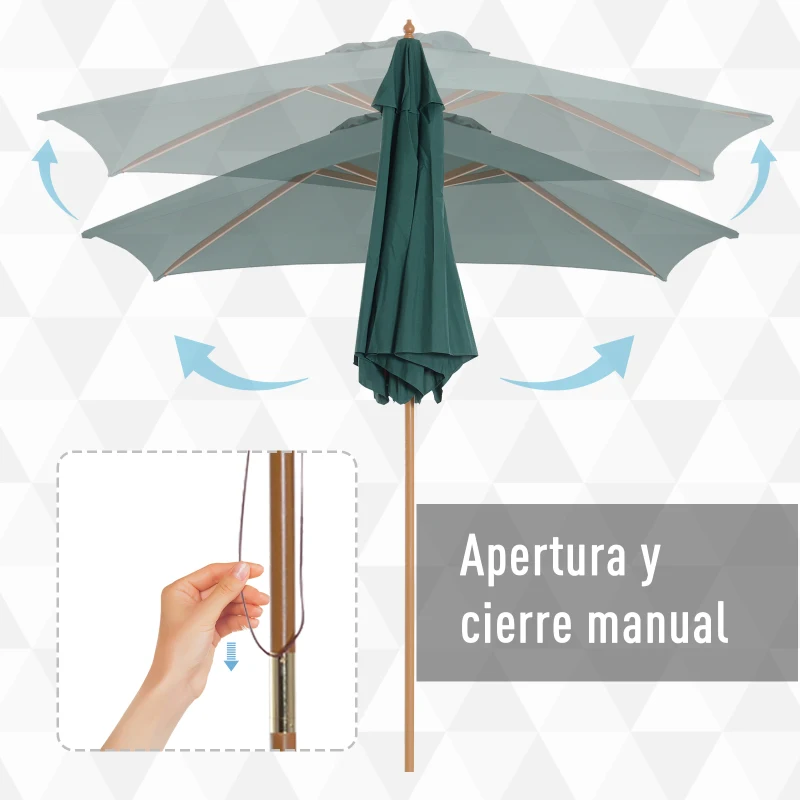 Outsunny Sombrilla Parasol de Madera Ø250x230cm para Exterior con 6 Varillas Sistema de Polea Color Verde