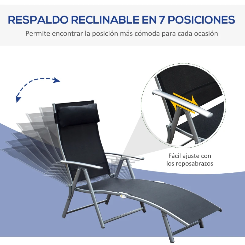 Outsunny Tumbona de Jardín Plegable con Respaldo Ajustable en 7 Niveles Almohada y Reposabrazos 137x63,5x100,5 cm Negro