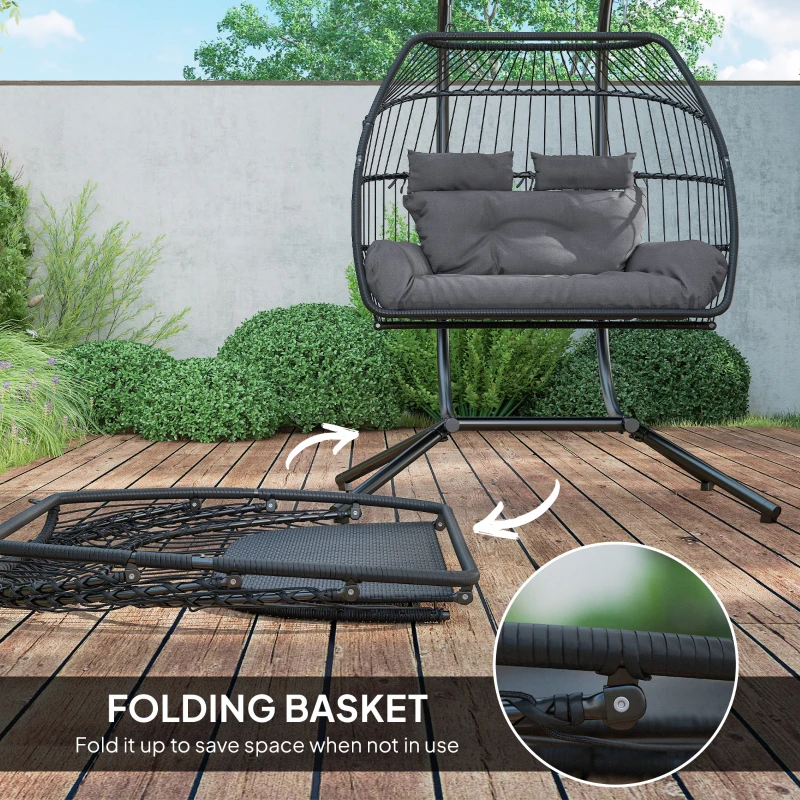 Outsunny Rattan Double Hanging Egg Chair with Stand, Foldable Wicker Swing Egg Chair with Cushion, Head Pillows, Steel Frame, Hammock Chair for Indoor Outdoor, Capacity 260 kg, Dark Grey
