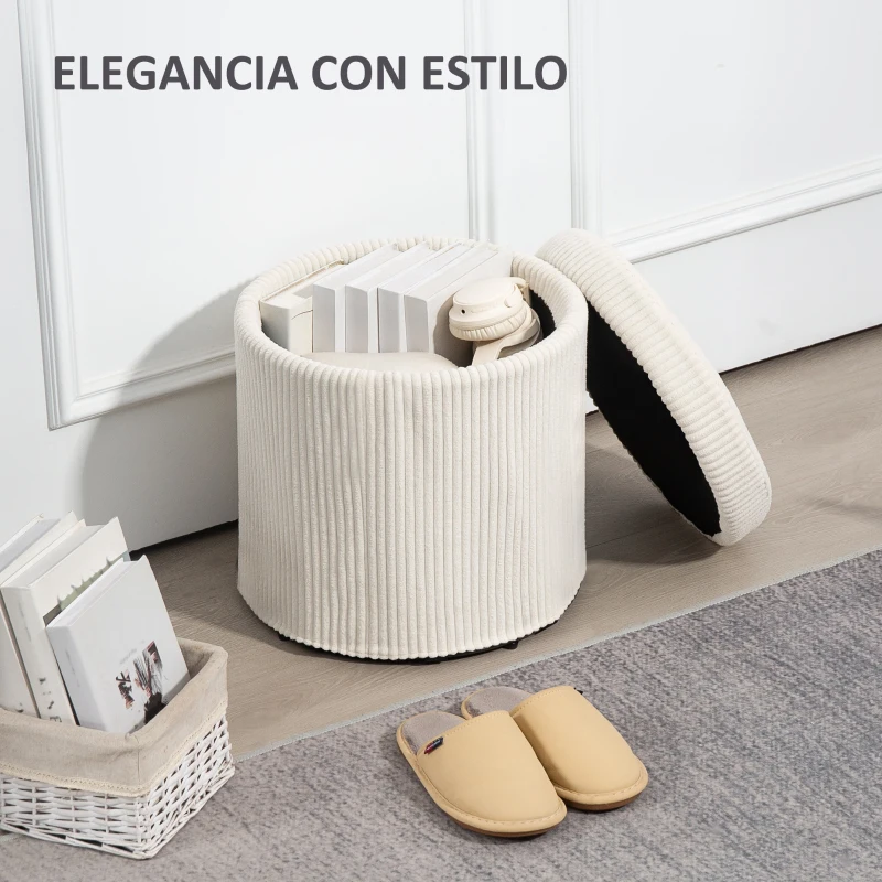 HOMCOM Puff con Almacenaje Redondo Tapizado en Pana con Estructura de Acero Estable y Acolchado Suave Ø40x41 cm Beige