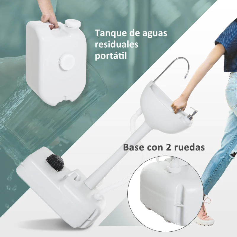 Outsunny Fregadero Portátil Lavamanos para Actividades al Aire Libre o Camping con Tanques de Recuperación de Agua 17 L Dispensador de Jabón Y 2 Ruedas HDPE 83x50x103 cm Gris Claro