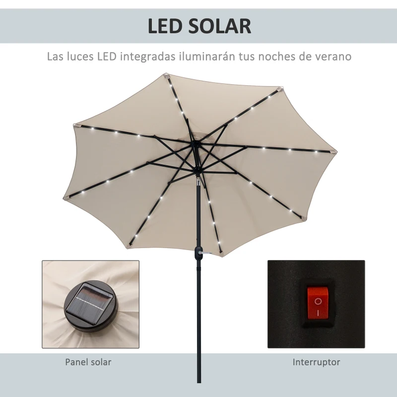 Outsunny Parasol de Terraza Ø268x238 cm con 24 Luces LED Solar Mecanismo de Inclinación Manivela y Poste Desmontable Crema