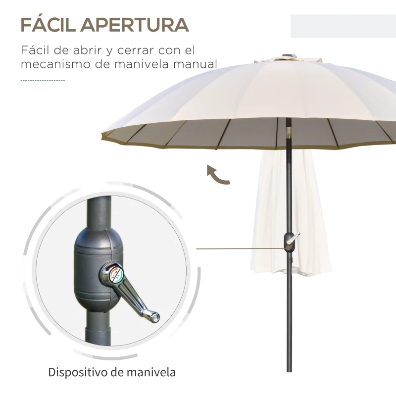Outsunny Sombrilla de Jardín Ø250x240 cm con Manivela Parasol con Ángulo Inclinable con 18 Varillas para Exterior Crema