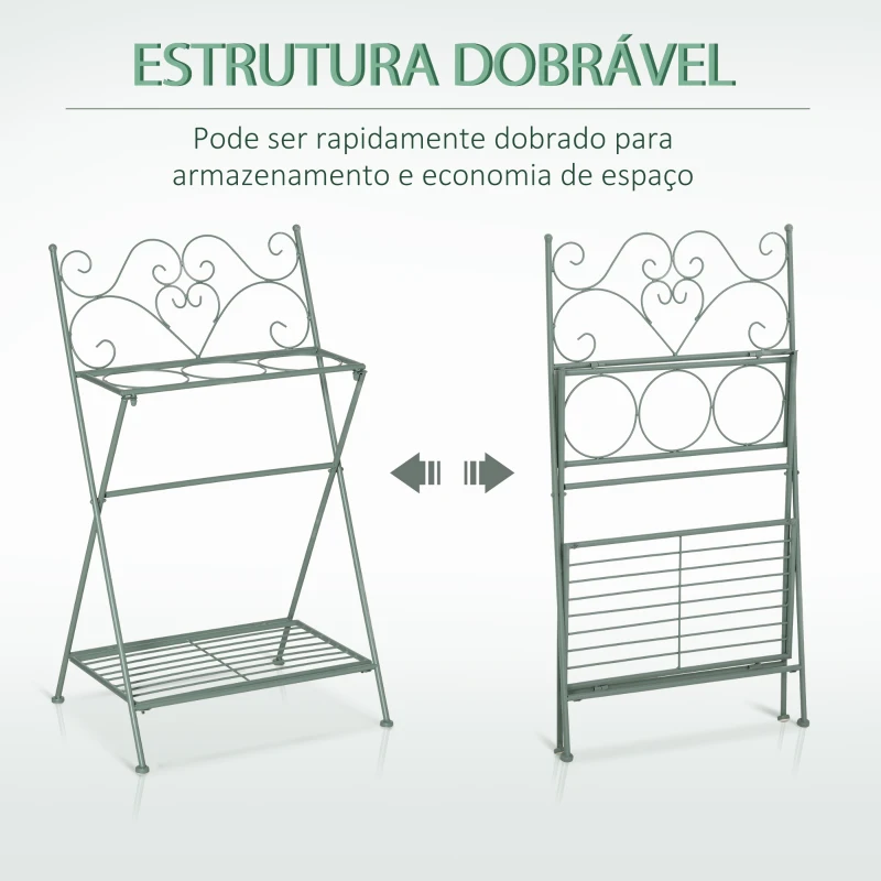 Outsunny Suporte de Metal para Plantas Dobrável com 3 Vasos Incluidos e Prateleira Inferior Suporte para Vasos de Flores Decorativo para Interior e Exterior 47x37x78,5cm Verde