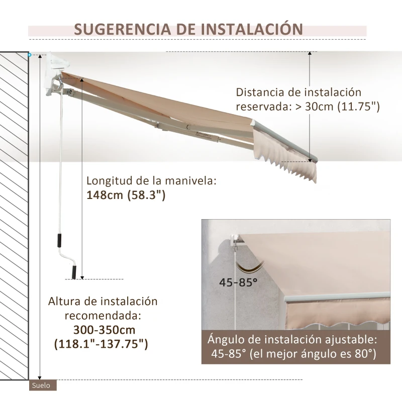 Outsunny Toldo Manual Retráctil 295x200 cm con Manivela de Metal Impermeable y Anti-UV para Jardín Terraza Beige