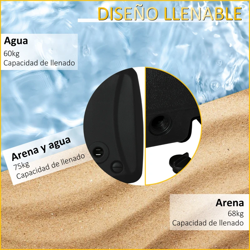 Outsunny Base de Sombrilla con 2 Ruedas Rellenable de Agua 60 kg Arena 68 kg o Mixto 75 kg 80x60x17 cm Negro