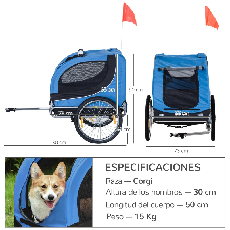 PawHut Remolque Bicicleta Perros Mascota 1 Bandera 8 Reflectores Remolque Bici 130x73x90 cm Azul Negro
