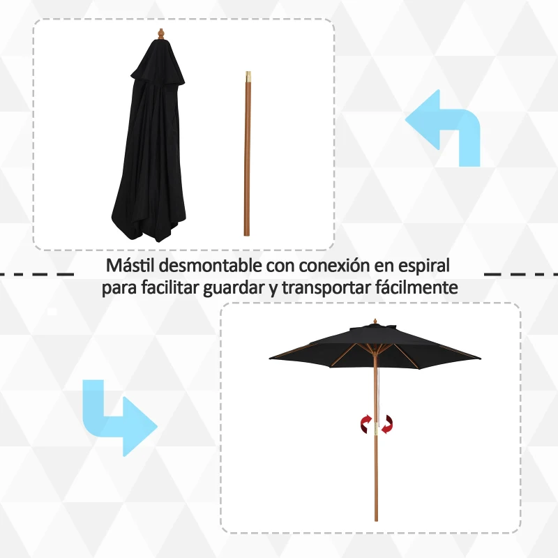 Outsunny Sombrilla de Jardín Ø250x230 cm Parasol de Terraza con Marco de Madera 6 Varillas Sistema de Cuerda e Impermeable Negro