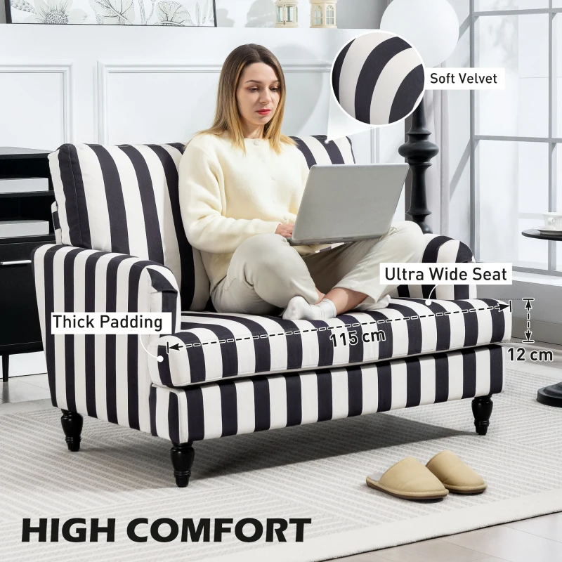HOMCOM Modern Cuddle Chair, Velvet Single Sofa Armchair with Stripe, Turned Legs and Wide Seat, Upholstered Snuggle Chair for Living Room, Bedroom, Black and White