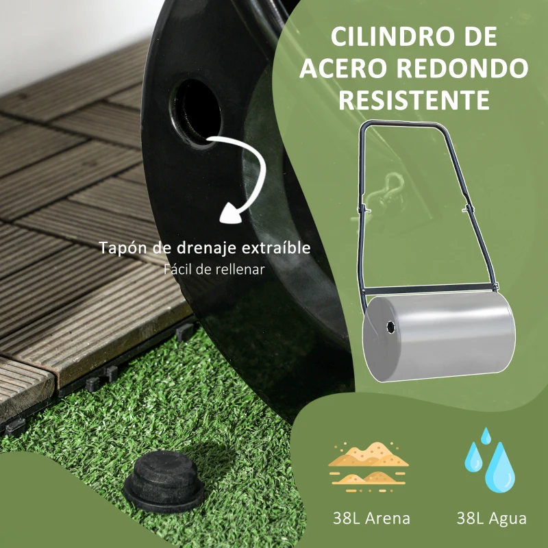 DURHAND Rodillo de Césped de Jardín Apisonadora de Césped de Acero 38L Llena de Agua o Arena Medida de Rodillo Φ50x32cm Asa Desmontable