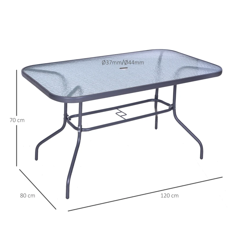 Outsunny Mesa de Jardín Exterior Rectangular de Metal Bordes Curvos con Orificio para Sombrilla Capacidad 70kg Vidrio Templado 140x80x70 cm Gris Carbón