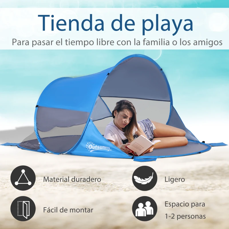Outsunny Carpa de Playa Automático para 1-2 Personas con 1 Puerta 2 Ventanas y Bolsa de Transporte 200x120x90 cm Azul