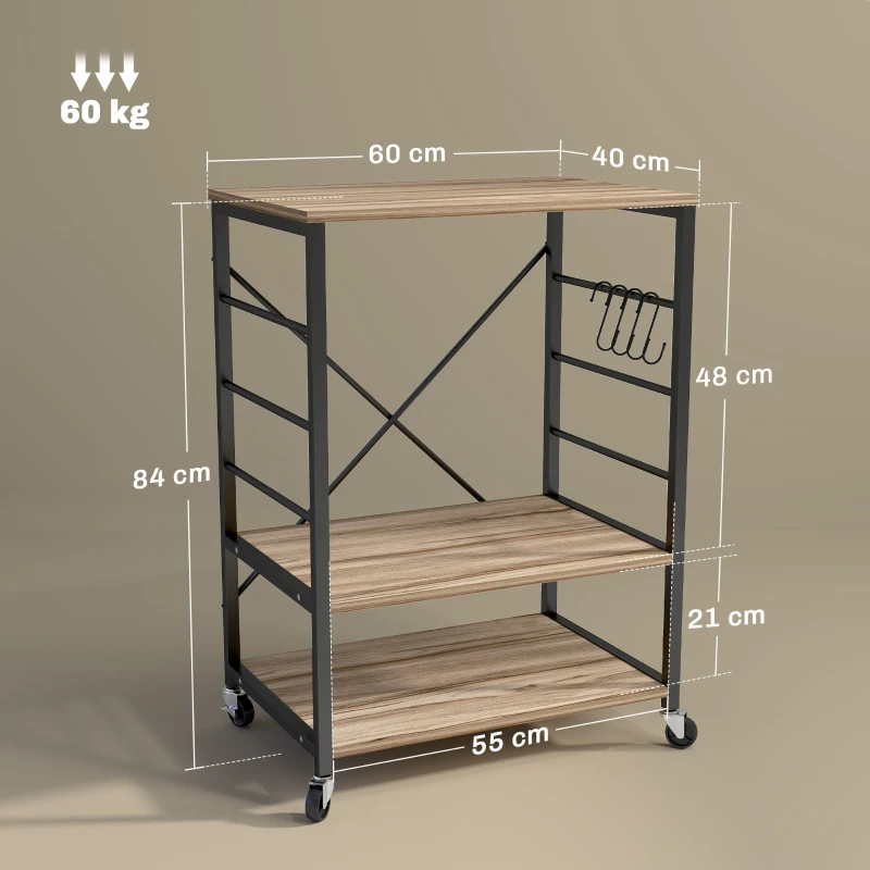 HOMCOM Scaffale da Cucina a 3 Livelli Stile Industriale con Ruote e 4 Ganci, Struttura in Acciaio, 60x40x84 cm, Teak