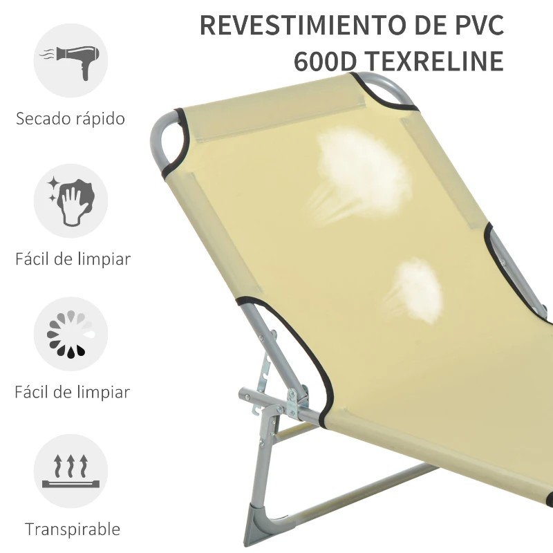 Outsunny Cama de Camping Plegable con Respaldo Ajustable en 4 Niveles Carga 120 kg para Playa Jardín Piscina 187x58x28 cm Beige