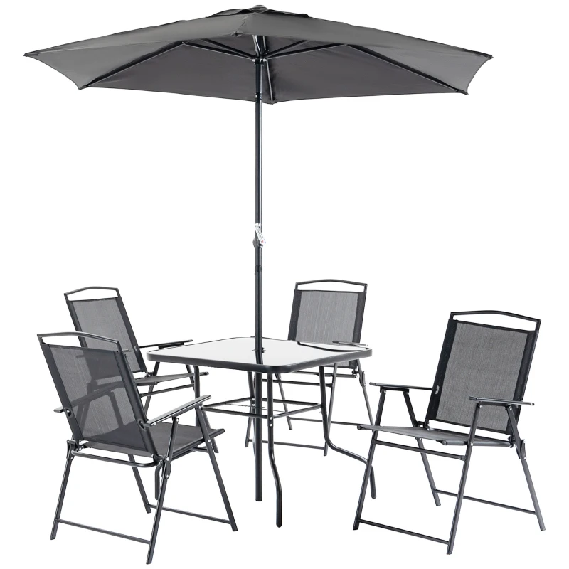 Outsunny Conjunto de Muebles de Jardín con 4 Sillas Plegables Mesa de Comedor de Vidrio y Sombrilla Inclinable Protección del Sol para Patio Terraza Exterior 80x80x70 cm Negro