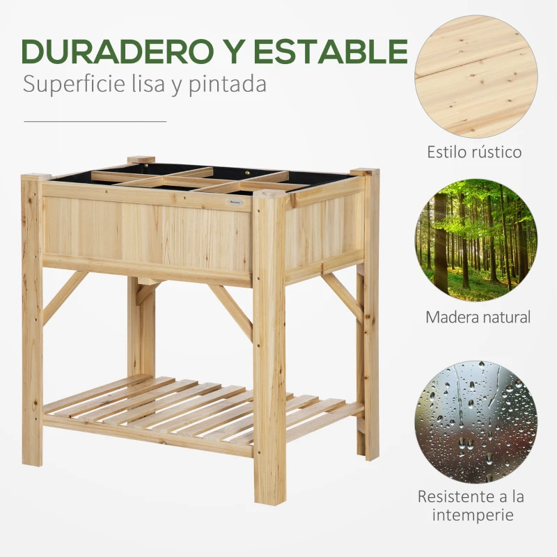 Outsunny Huerto Urbano de Madera  78,5x58x81 cm Mesa de Cultivo con 6 Compartimentos y Estante Inferior para Plantas Flores en Jardín Terraza Exterior Color Natural