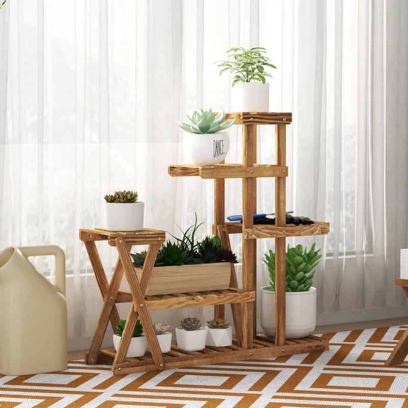Outsunny Estantería para Plantas con Pies de Madera con 5 Niveles Carga 60 kg para Interior y Exterior 98x28x95 cm Carbonizado