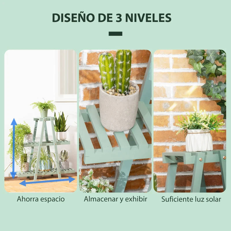 Outsunny Soporte de Madera para Plantas de 3 Niveles Estantería Decorativa para Interiores Exteriores 76x26x76 cm Verde