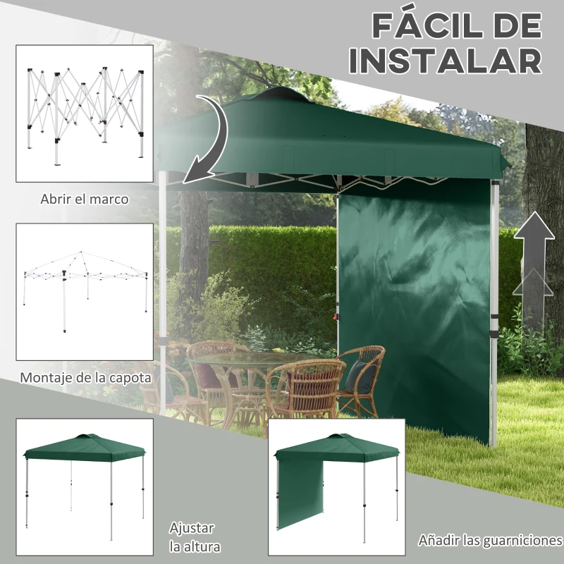 Outsunny Carpa Plegable de Jardín de 2,5x2,5 m con Altura Ajustable Anti-UV con 1 Pared Lateral y Bolsas de Arena Verde