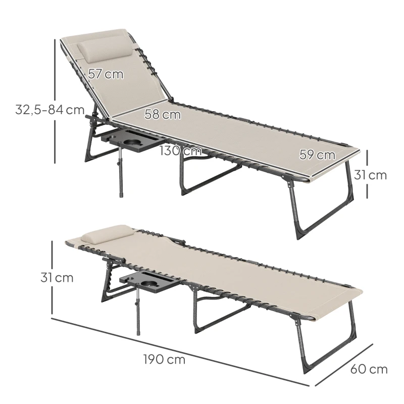 Outsunny Espreguiçadeira Dobrável Espreguiçadeira Jardim com Encosto Ajustável Apoio de Cabeça Bolsa Lateral Bandeja 190x60x31 cm Creme