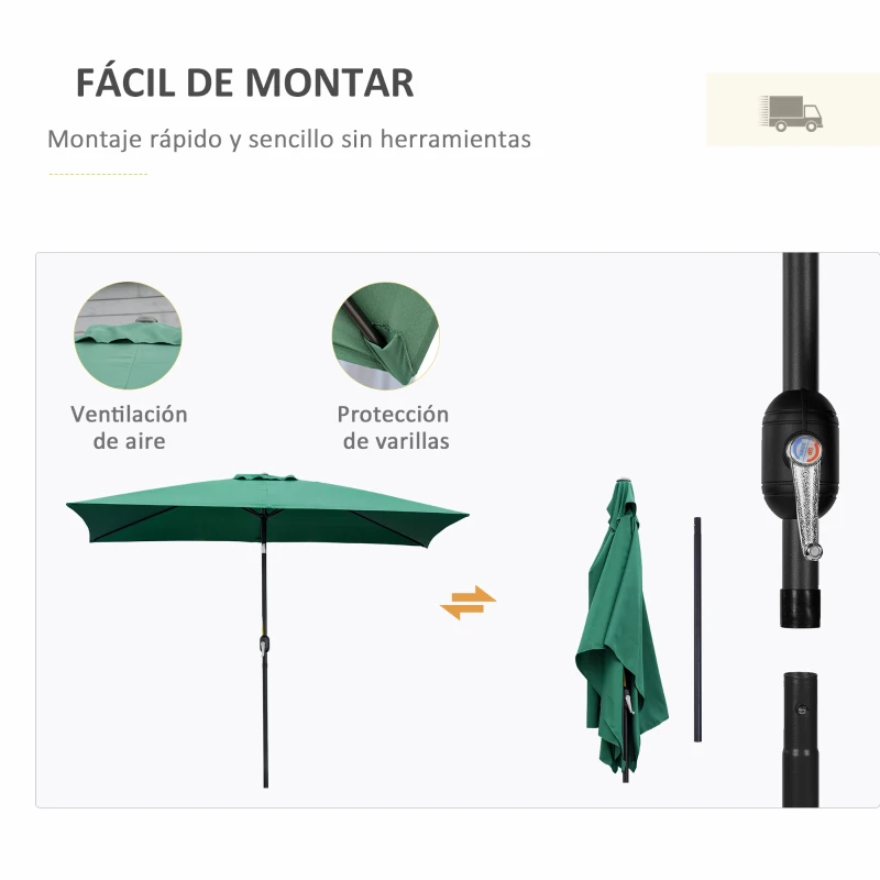 Outsunny Sombrilla de Aluminio 195x295x253 cm Parasol Rectangular de Jardín Inclinable con Manivela y Poste Desmontable Verde