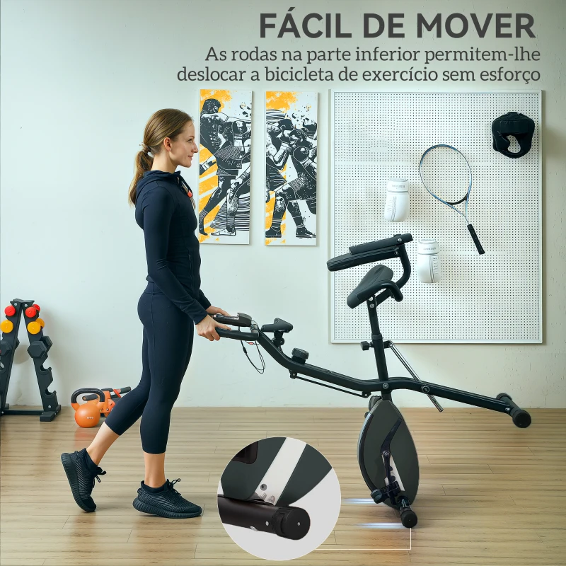 SPORTNOW Bicicleta Estática Dobrável com Resistência Magnética de 8 Níveis Encosto Volante Ecrã LCD e Banda de Resistência 43x97x109 cm Preto