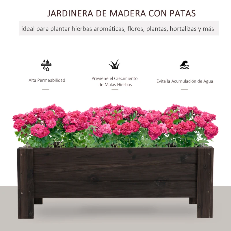Outsunny Jardinera de Madera Jardinera Rectangular con Patas Elevadas y 2 Drenajes para Flores Plantas 100x36,5x36 cm Marrón
