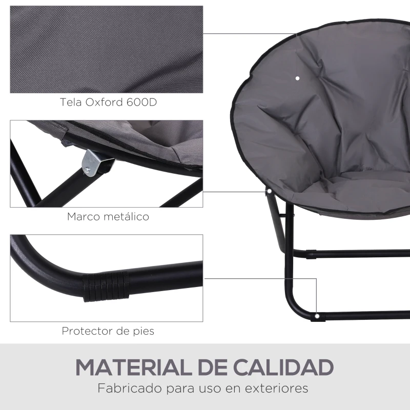 Outsunny Silla de Platillo Plegable Silla de Luna con Asiento de Tela Oxford y Patas de Metal Carga 120 kg 80x80x75 cm Gris