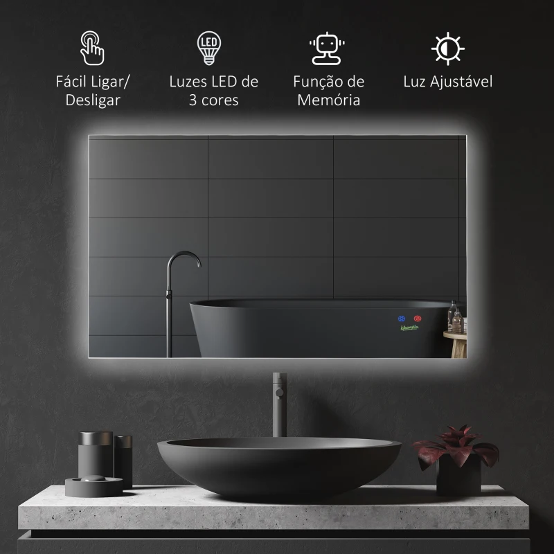 kleankin Espelho de Casa de Banho com Luz LED Anti-Embaciamento Interruptor Tátil 3 Luzes Ajustáveis e Função de Memória 90x60cm Prata