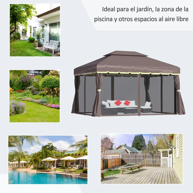 Outsunny Gazebo de Aluminio 4x3 m con Techo de Ventilación 4 Cortinas Laterales 4 Mosquiteras y 8 Orificios de Drenaje Café(m-6)