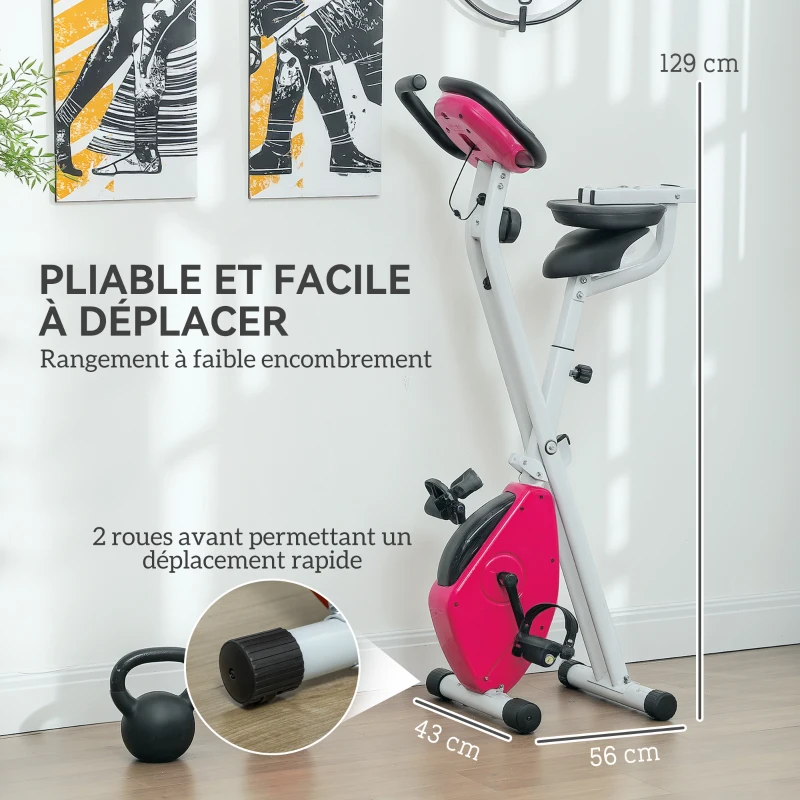 Vélo d'appartement pliable - Collaboration Aosom.fr x FFHandball - 8 niveaux de résistance, dossier selle réglable, rose